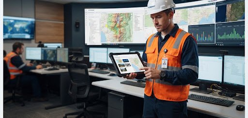 Ingeniero revisando datos topográficos en una sala de control
