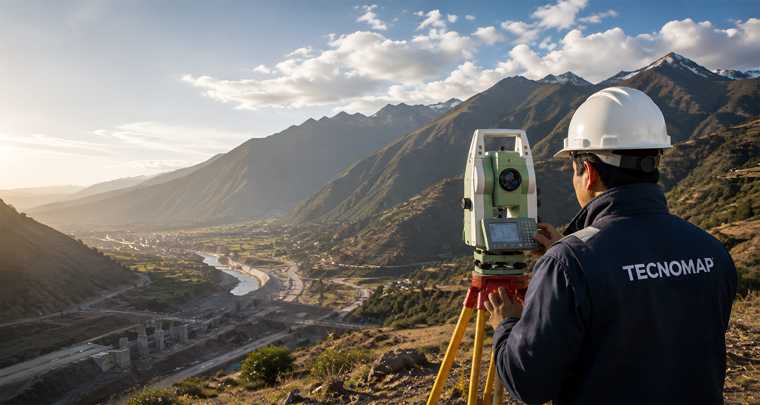 Topógrafo operando una estación total sobre una cumbre andina al amanecer