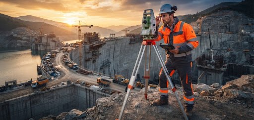 Topógrafo operando una estación total al amanecer en una gran obra de infraestructura