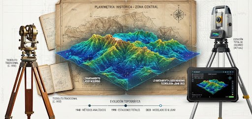 Planos topográficos históricos superpuestos con nubes de puntos digitales