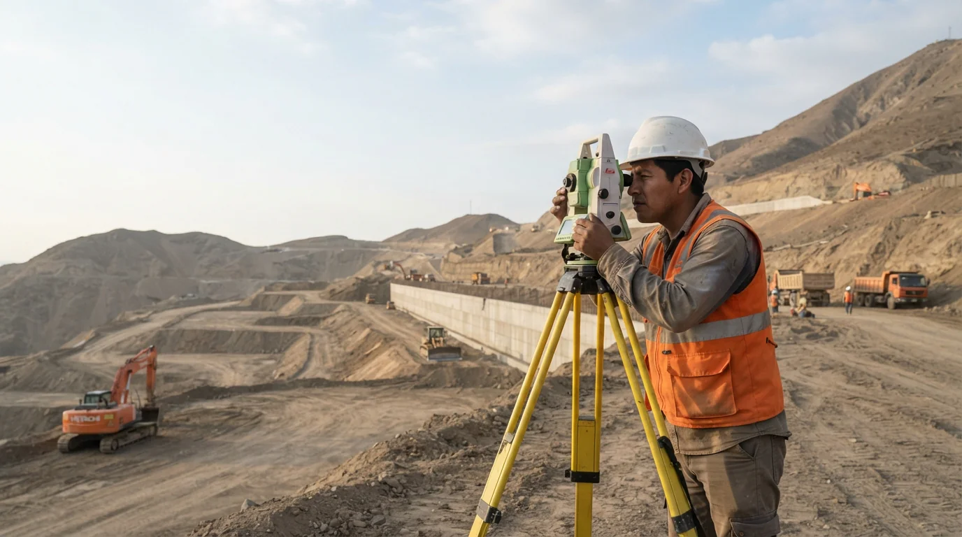 Topógrafo midiendo con una estación total en una obra de movimiento de tierras