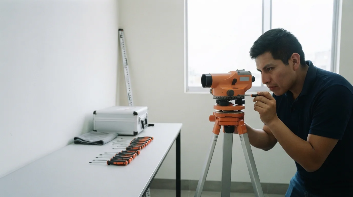 Técnico ajustando el tornillo de un nivel automático en el laboratorio